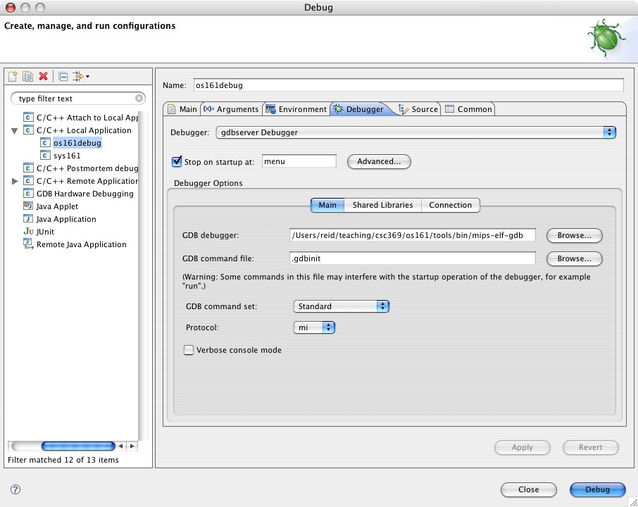 Debugger changes - set Application to kern/compile/ASST0/kernel